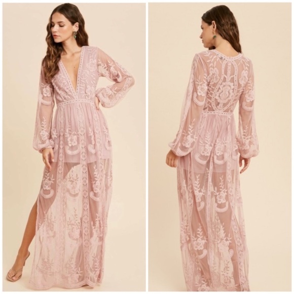 Dresses & Skirts - SOLD OUT Mauve Floral Crochet Lace Long Sleeve Maxi Dress